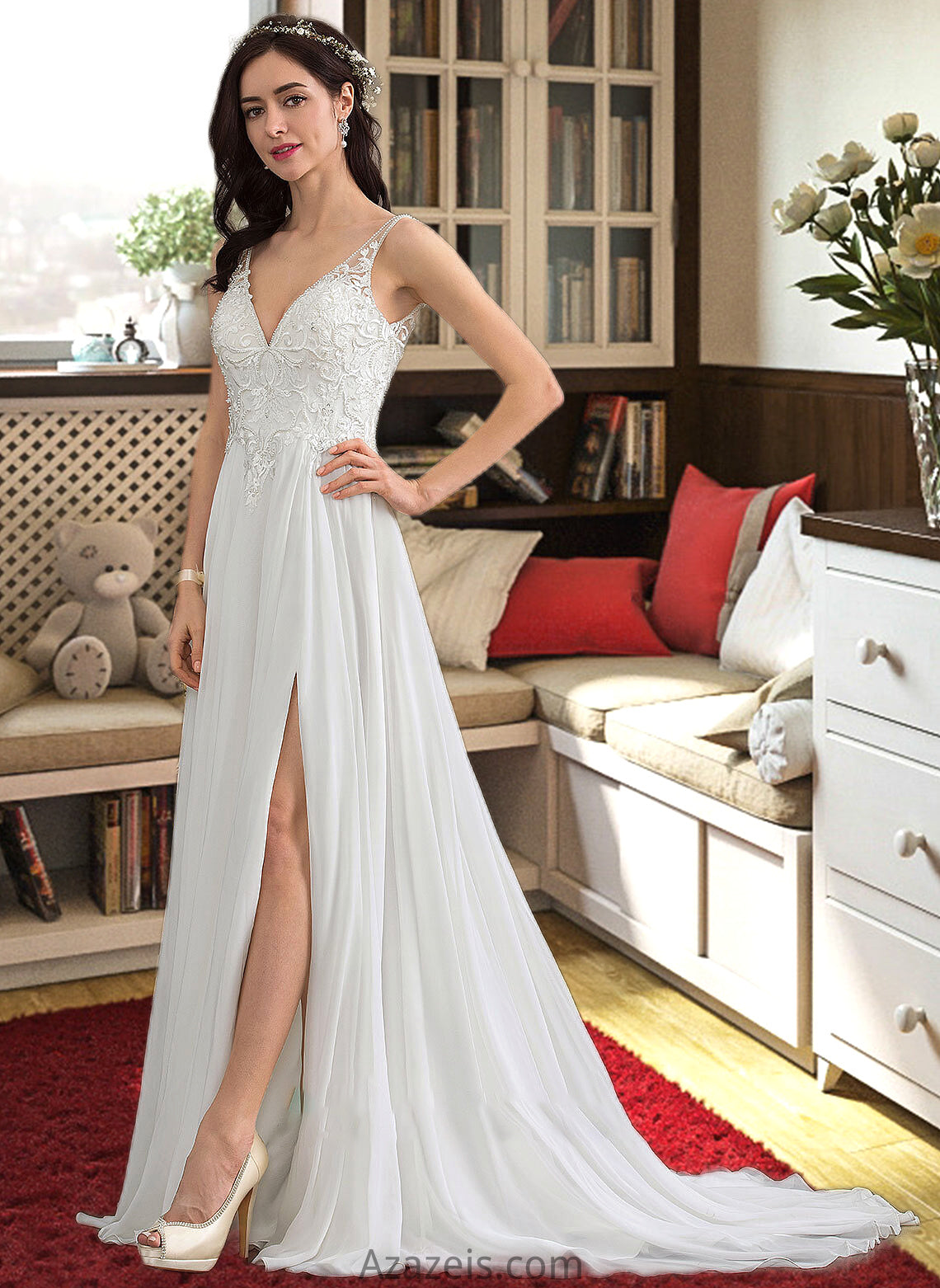 Evelin A-Line V-neck Sweep Train Chiffon Wedding Dress With Beading Sequins Split Front DFP0013806