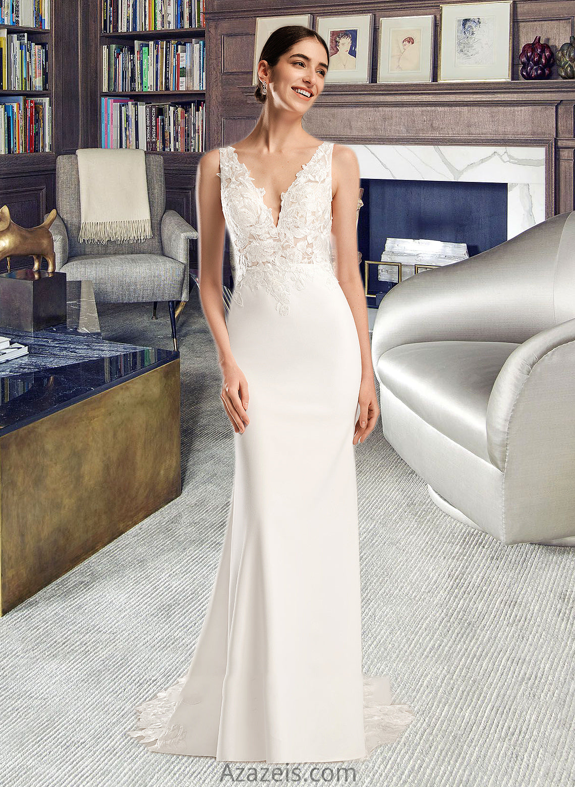 Mina Sheath/Column V-neck Court Train Wedding Dress With Sequins DFP0013807