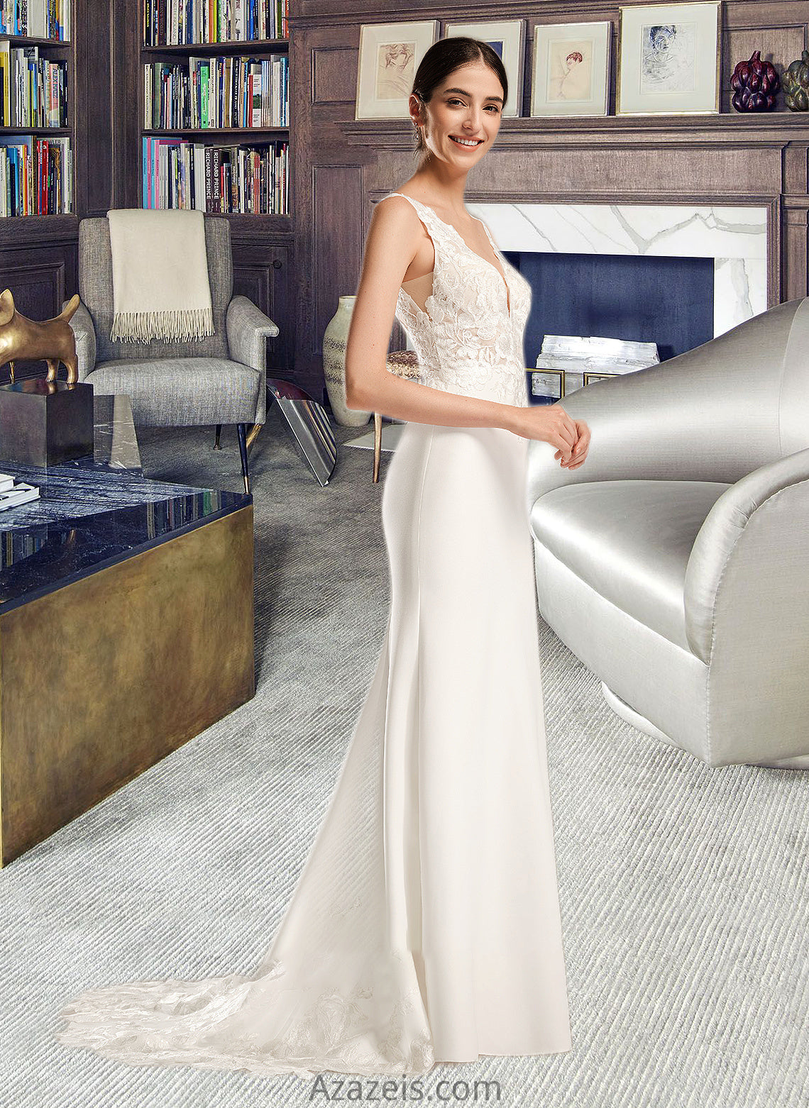 Mina Sheath/Column V-neck Court Train Wedding Dress With Sequins DFP0013807