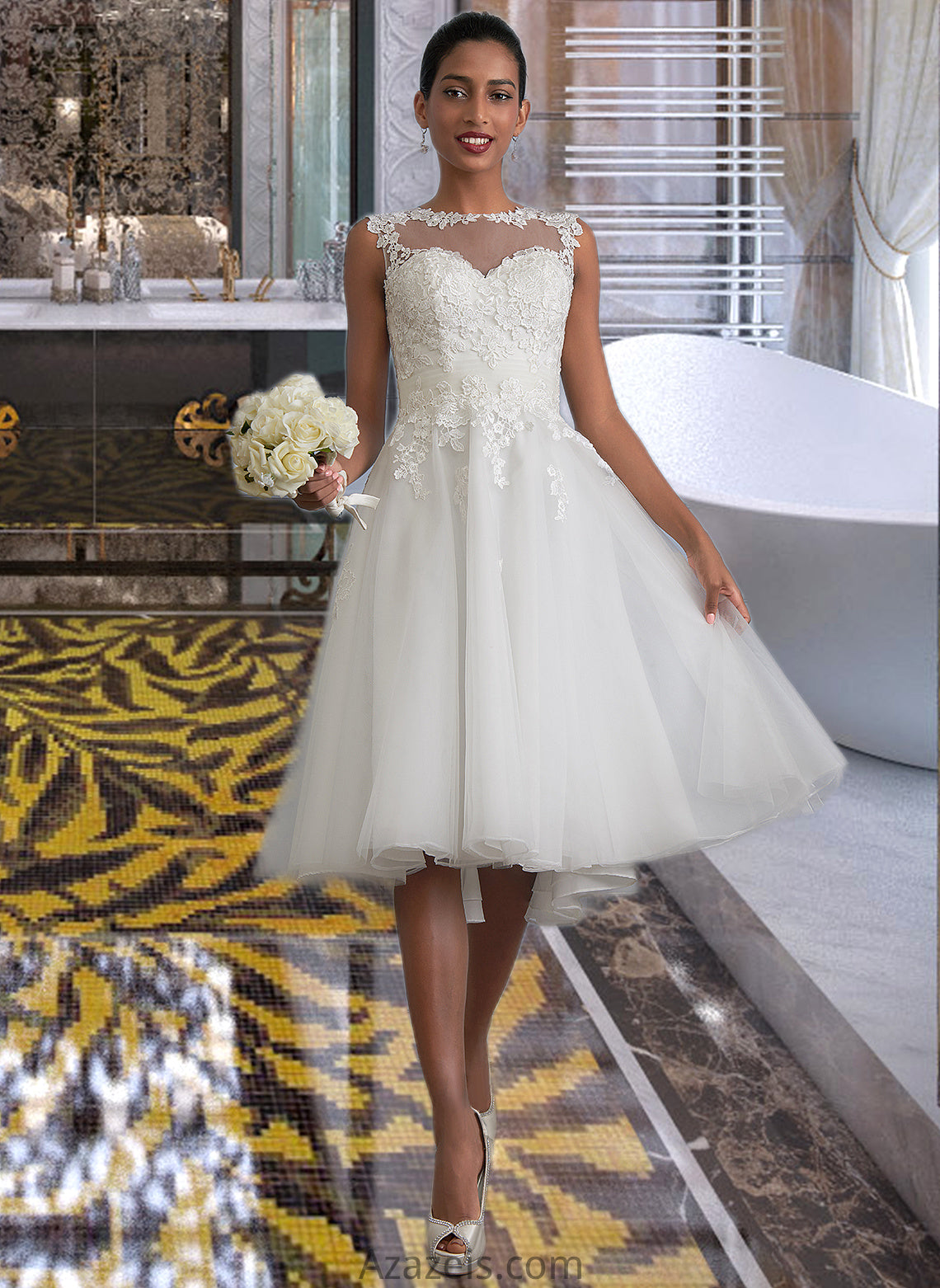 Joanne A-Line Illusion Asymmetrical Tulle Wedding Dress With Ruffle DFP0013808