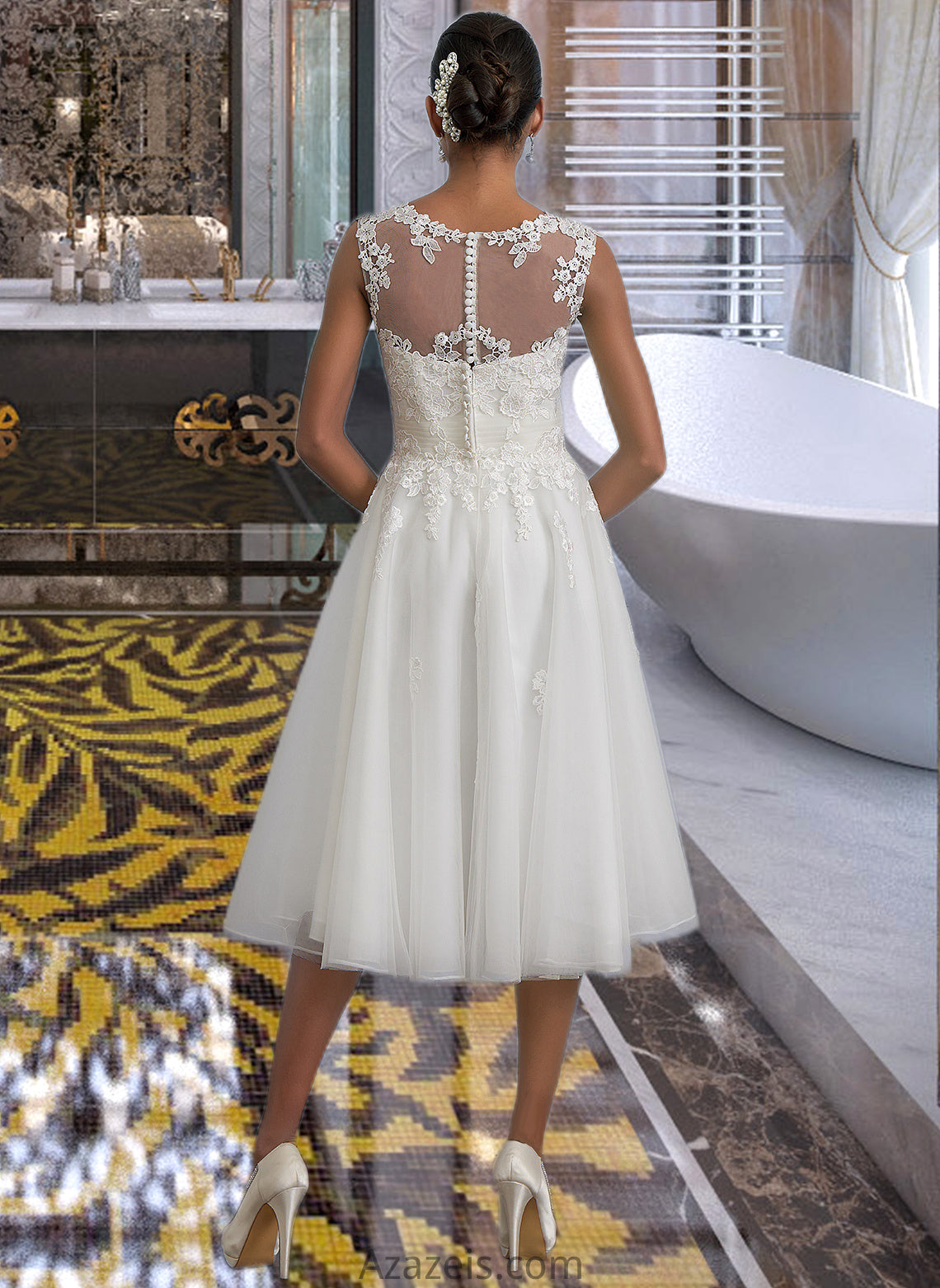 Joanne A-Line Illusion Asymmetrical Tulle Wedding Dress With Ruffle DFP0013808