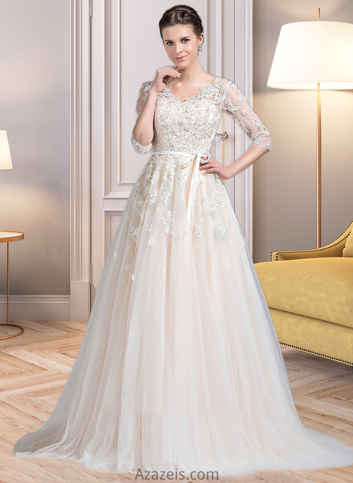 Brynn Ball-Gown/Princess V-neck Court Train Tulle Wedding Dress With Beading Appliques Lace Sequins Bow(s) DFP0013809