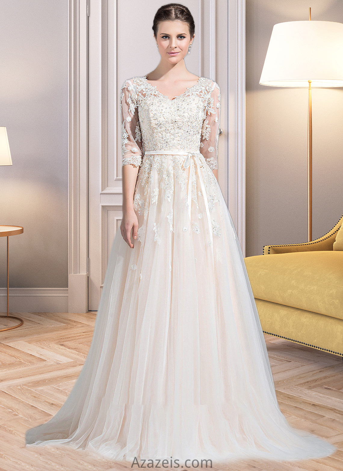 Brynn Ball-Gown/Princess V-neck Court Train Tulle Wedding Dress With Beading Appliques Lace Sequins Bow(s) DFP0013809