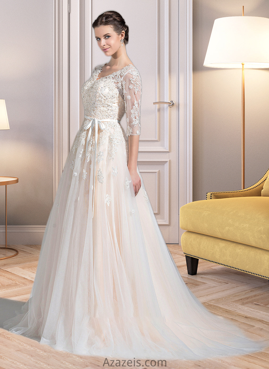 Brynn Ball-Gown/Princess V-neck Court Train Tulle Wedding Dress With Beading Appliques Lace Sequins Bow(s) DFP0013809