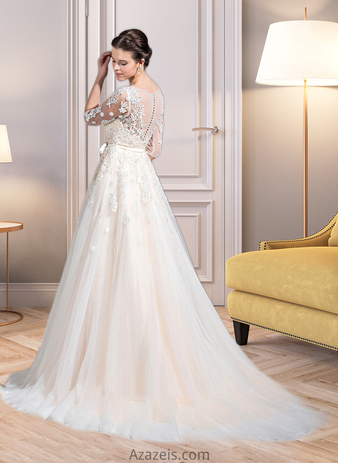 Brynn Ball-Gown/Princess V-neck Court Train Tulle Wedding Dress With Beading Appliques Lace Sequins Bow(s) DFP0013809