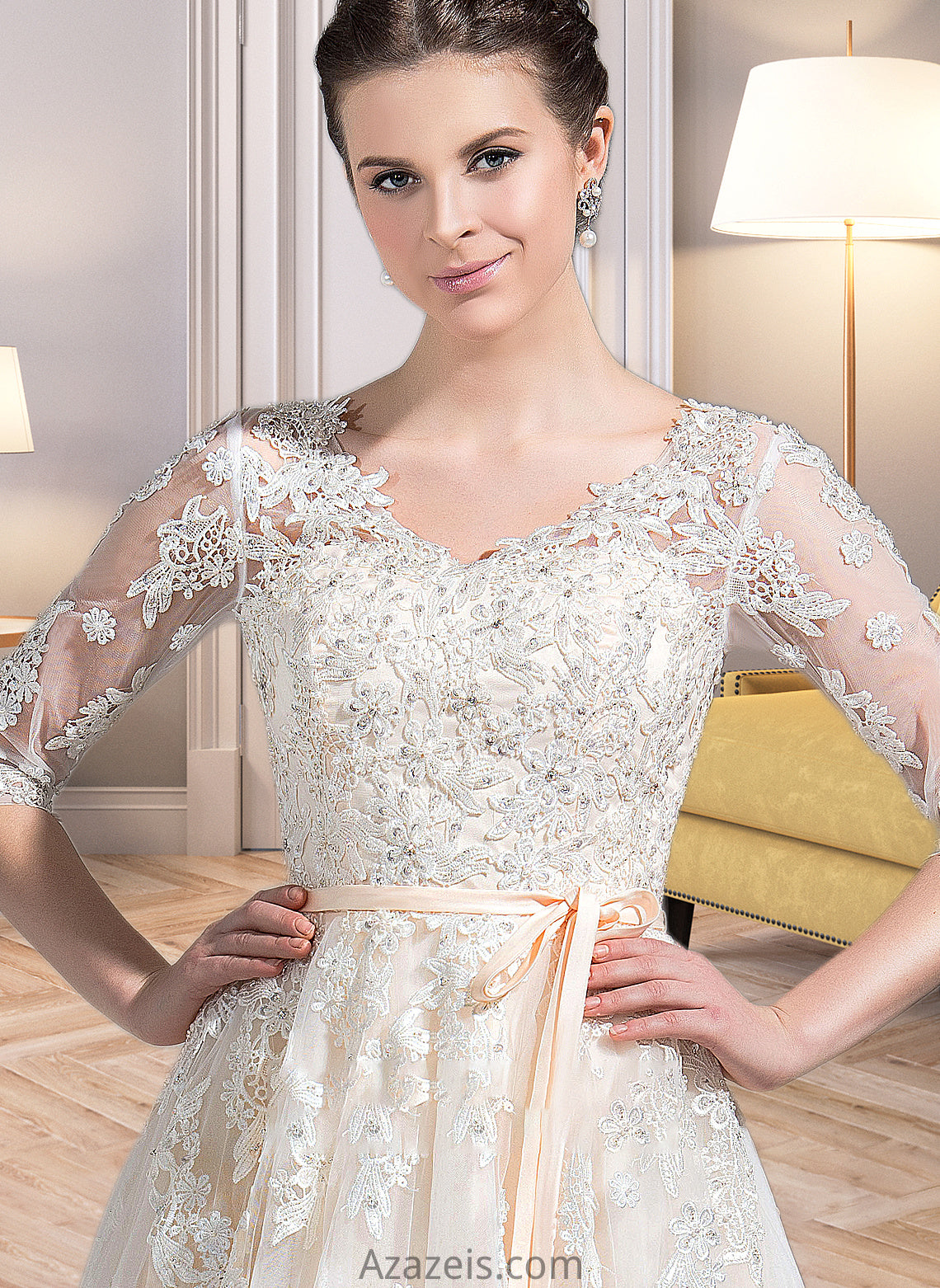 Brynn Ball-Gown/Princess V-neck Court Train Tulle Wedding Dress With Beading Appliques Lace Sequins Bow(s) DFP0013809