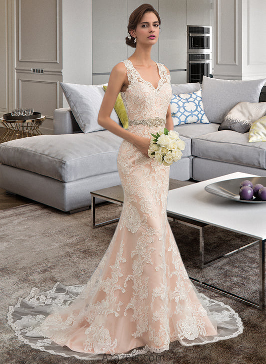 Pru Trumpet/Mermaid V-neck Chapel Train Tulle Lace Wedding Dress With Beading DFP0013810