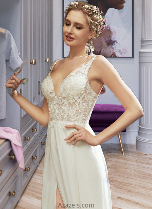 Natasha A-Line V-neck Floor-Length Wedding Dress With Lace Split Front DFP0013815