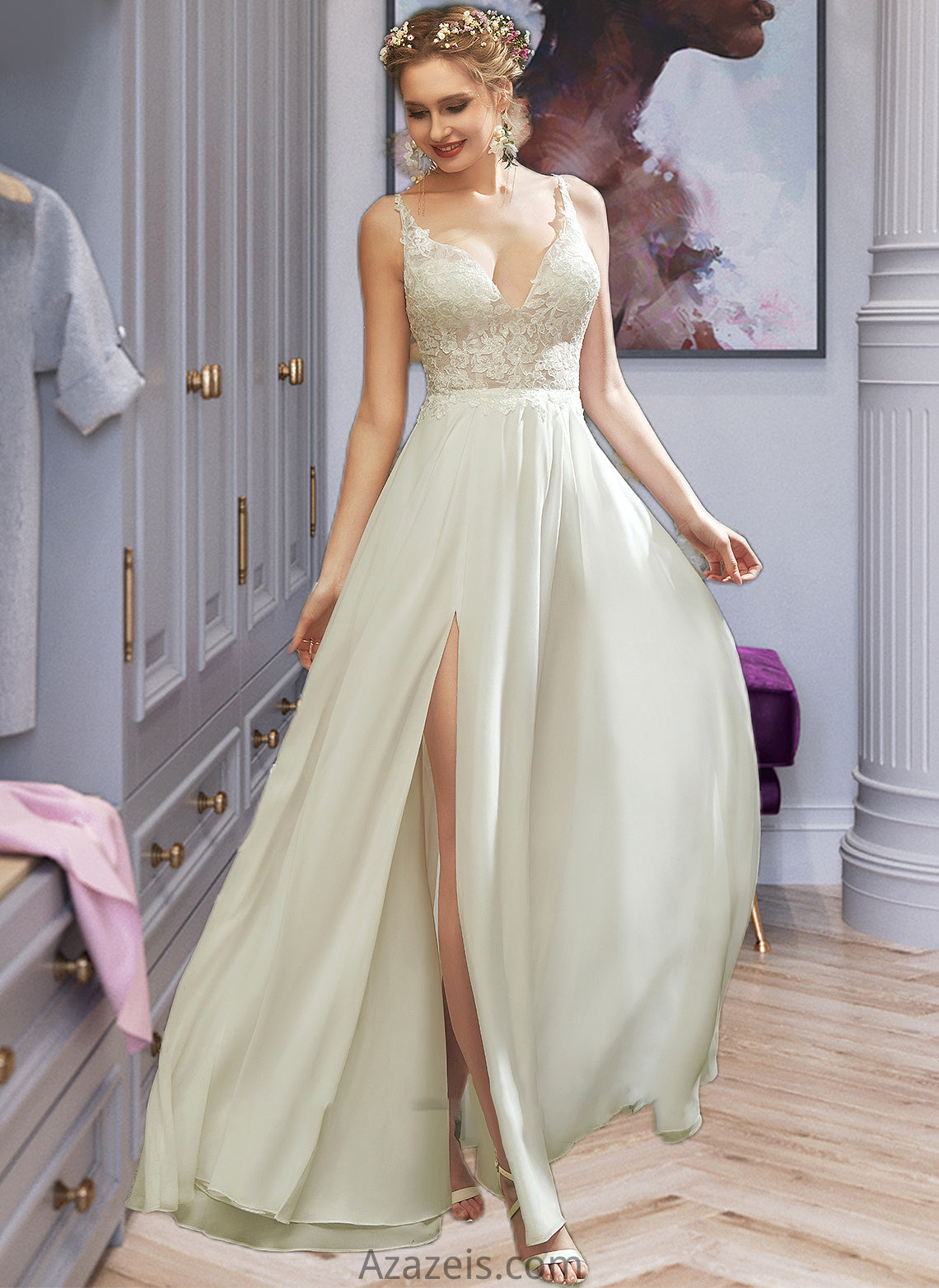 Natasha A-Line V-neck Floor-Length Wedding Dress With Lace Split Front DFP0013815