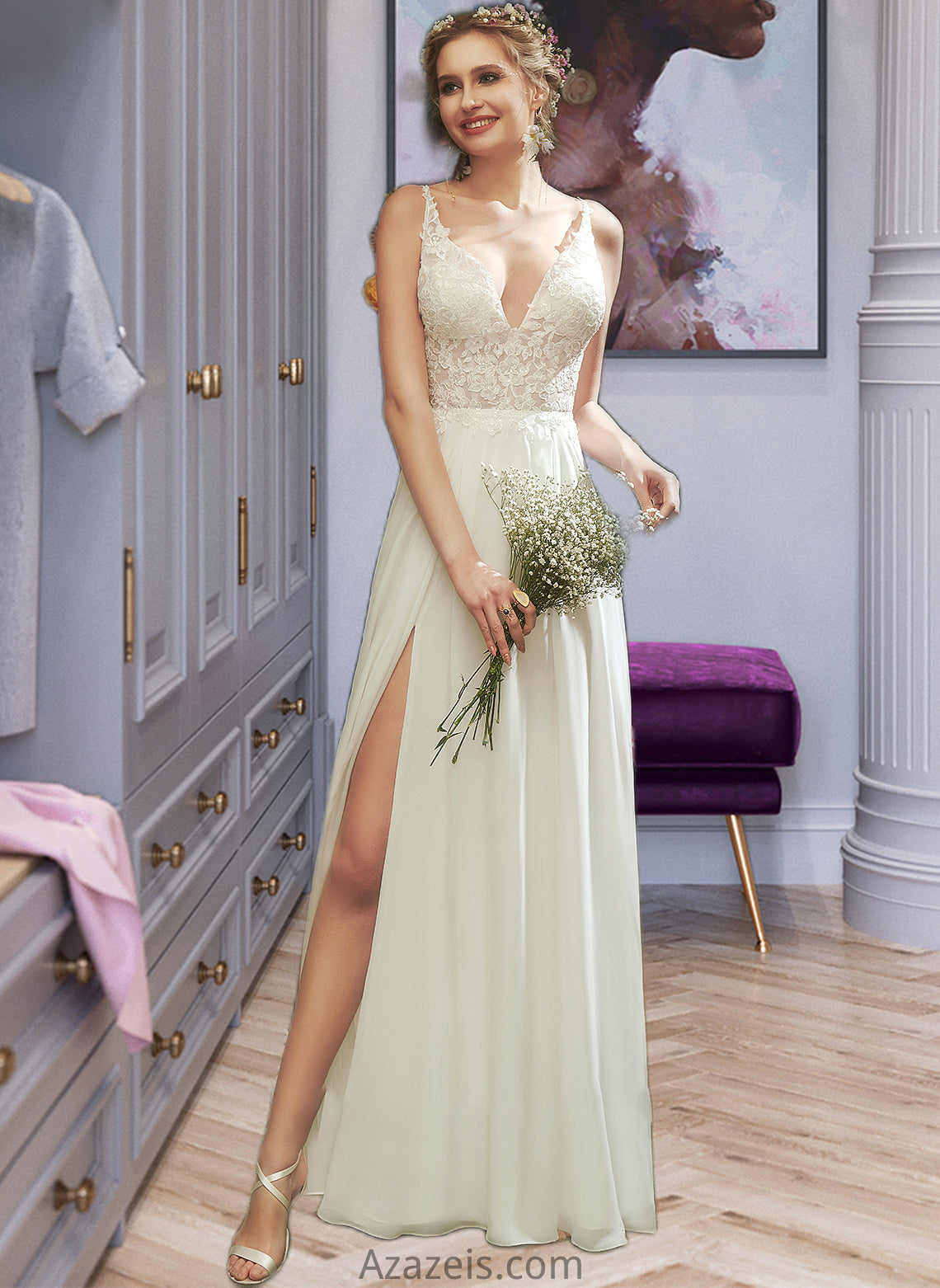 Natasha A-Line V-neck Floor-Length Wedding Dress With Lace Split Front DFP0013815