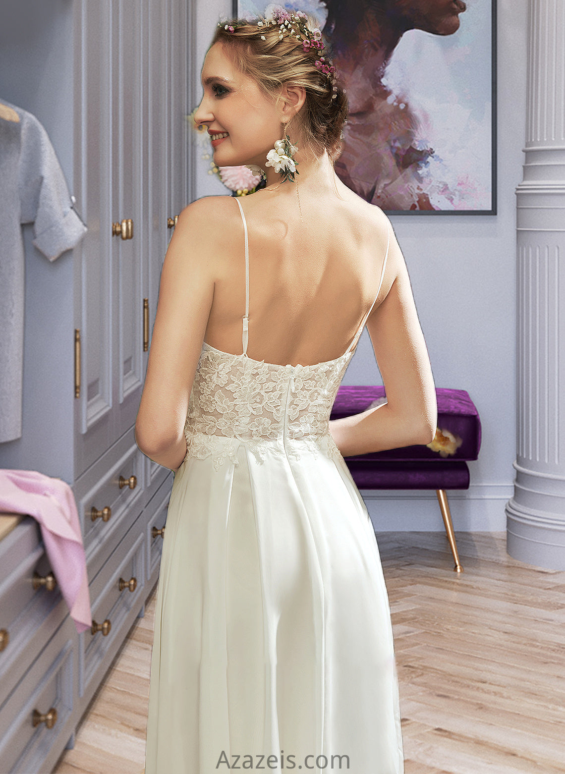 Natasha A-Line V-neck Floor-Length Wedding Dress With Lace Split Front DFP0013815