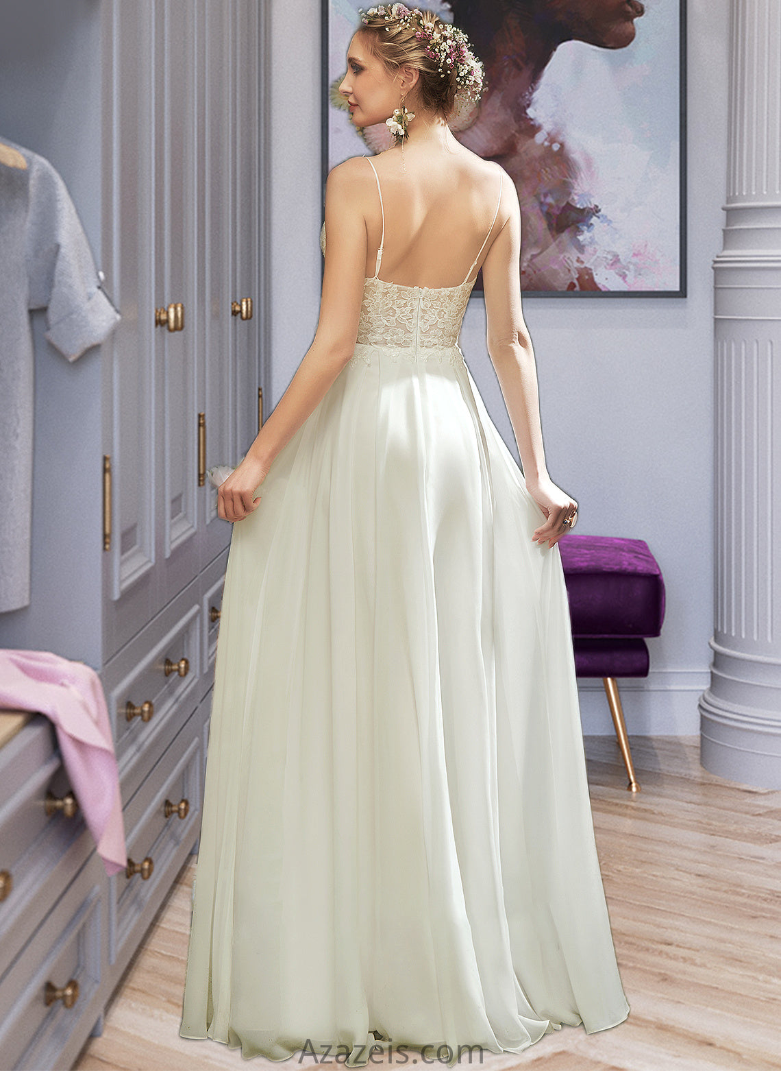 Natasha A-Line V-neck Floor-Length Wedding Dress With Lace Split Front DFP0013815