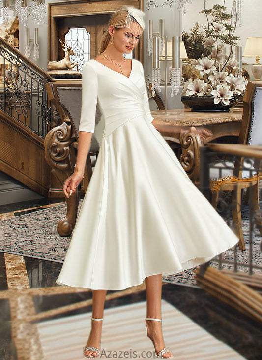 Caroline A-Line V-neck Tea-Length Satin Wedding Dress DFP0013817