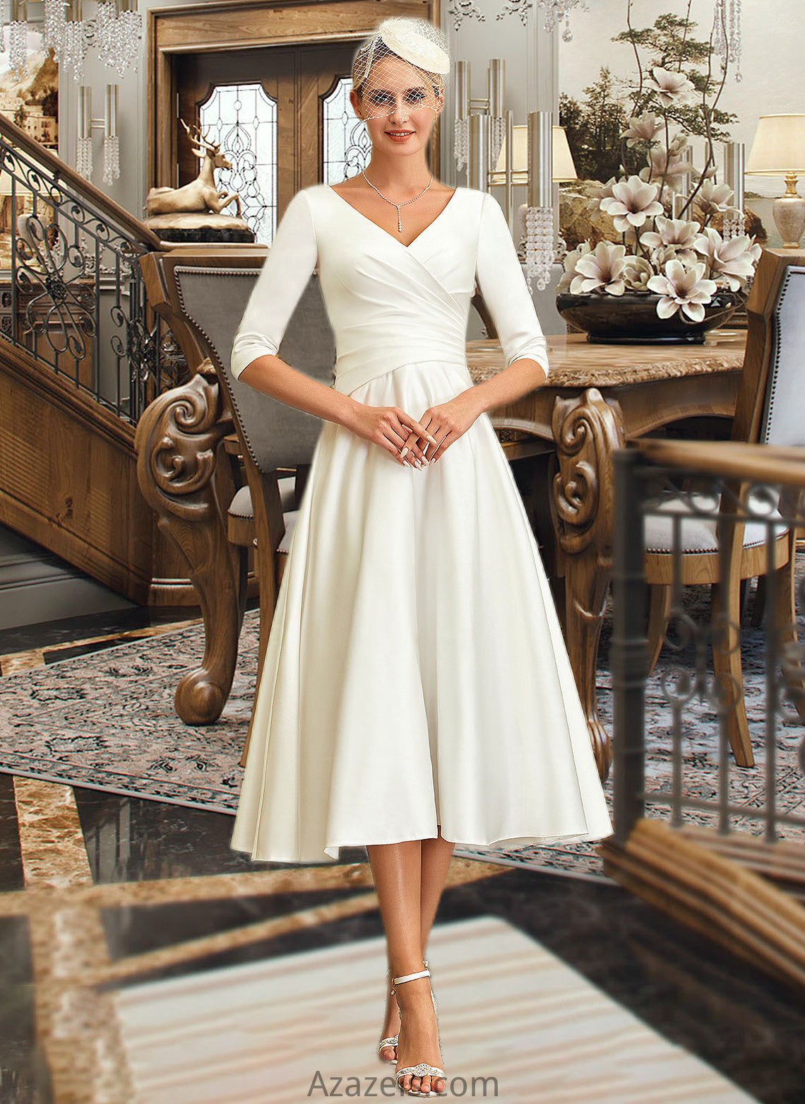 Caroline A-Line V-neck Tea-Length Satin Wedding Dress DFP0013817