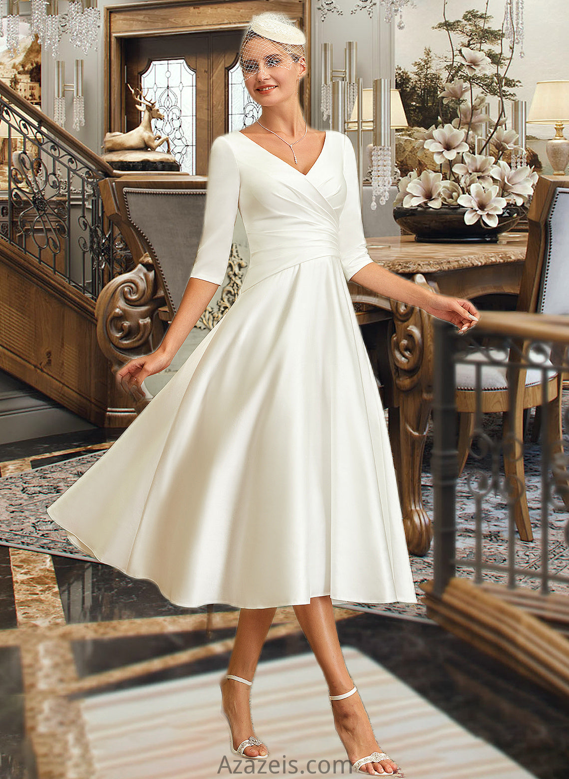 Caroline A-Line V-neck Tea-Length Satin Wedding Dress DFP0013817