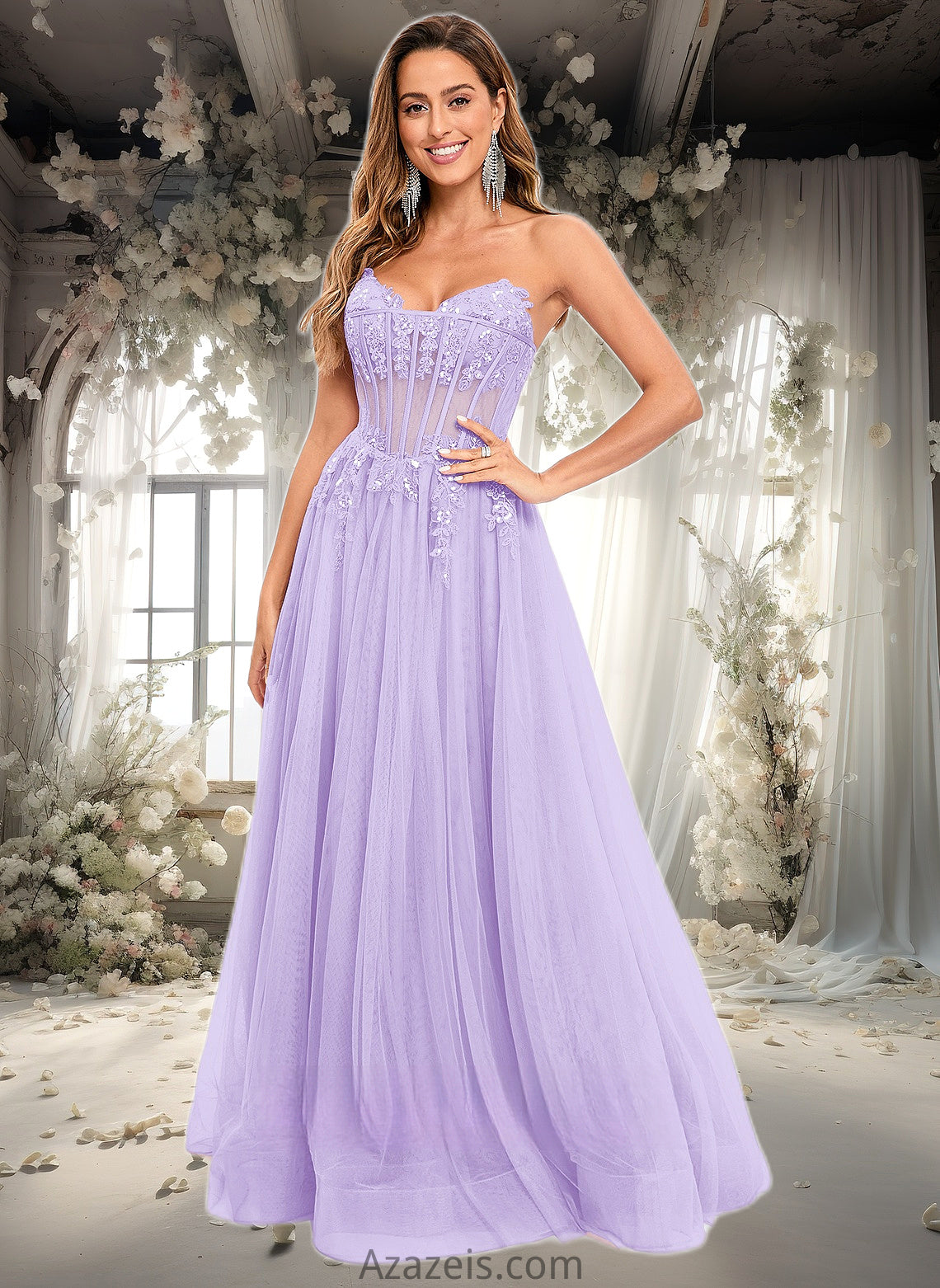 Zoey Ball-Gown/Princess V-Neck Floor-Length Tulle Prom Dresses With Sequins Appliques Lace DFP0025837