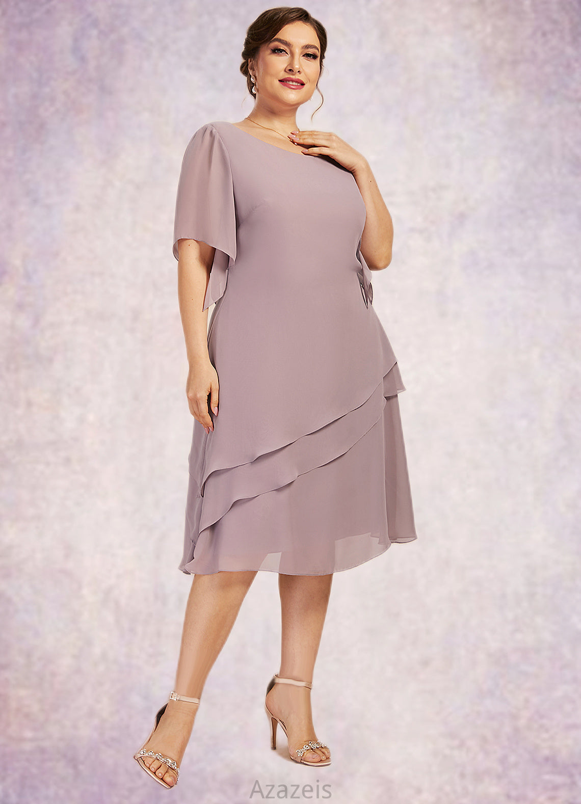 Julissa A-Line Scoop Neck Knee-Length Chiffon Mother of the Bride Dress With Cascading Ruffles DF126P0014755