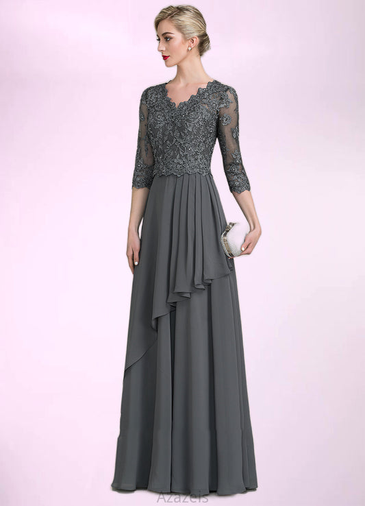 Millicent A-Line V-neck Floor-Length Chiffon Lace Mother of the Bride Dress With Beading Sequins Cascading Ruffles DF126P0014756