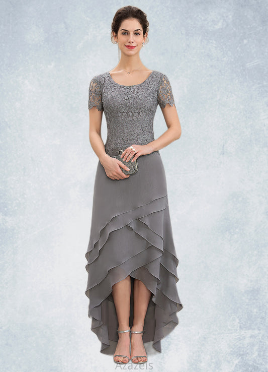 Peyton A-Line Scoop Neck Asymmetrical Chiffon Lace Mother of the Bride Dress With Cascading Ruffles DF126P0014757