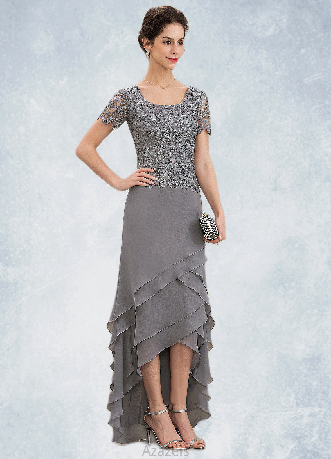 Peyton A-Line Scoop Neck Asymmetrical Chiffon Lace Mother of the Bride Dress With Cascading Ruffles DF126P0014757