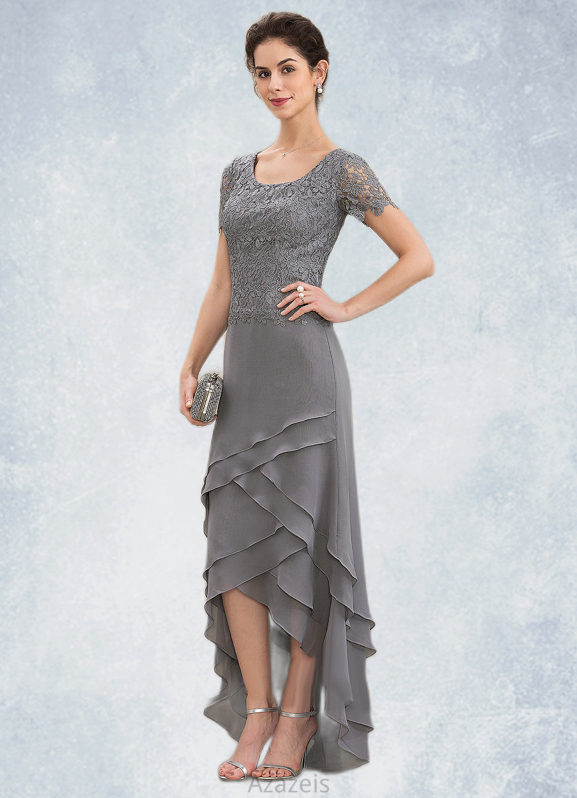 Peyton A-Line Scoop Neck Asymmetrical Chiffon Lace Mother of the Bride Dress With Cascading Ruffles DF126P0014757