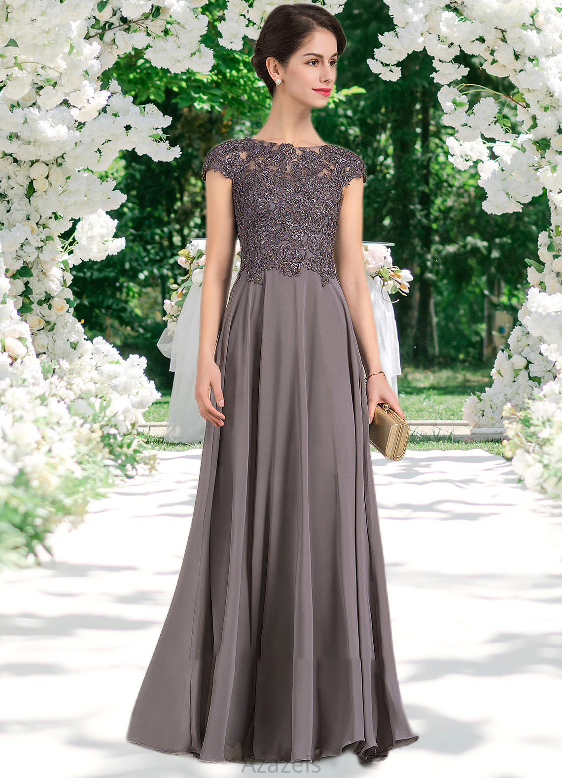 Allie A-Line Scoop Neck Floor-Length Chiffon Lace Mother of the Bride Dress With Beading DF126P0014761