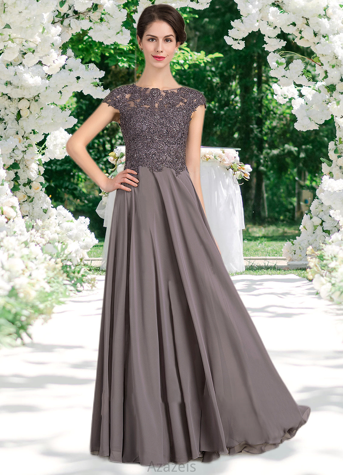 Allie A-Line Scoop Neck Floor-Length Chiffon Lace Mother of the Bride Dress With Beading DF126P0014761