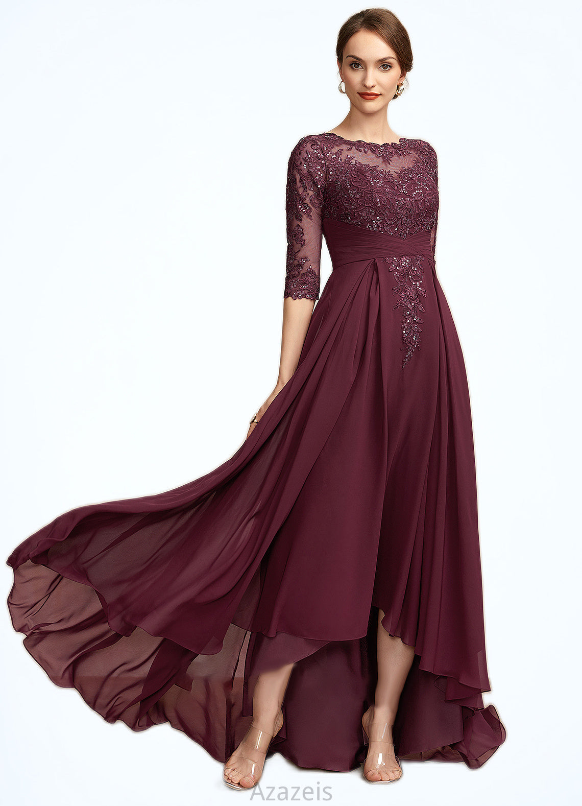 Neveah A-Line Scoop Neck Asymmetrical Chiffon Lace Mother of the Bride Dress With Ruffle Sequins DF126P0014765