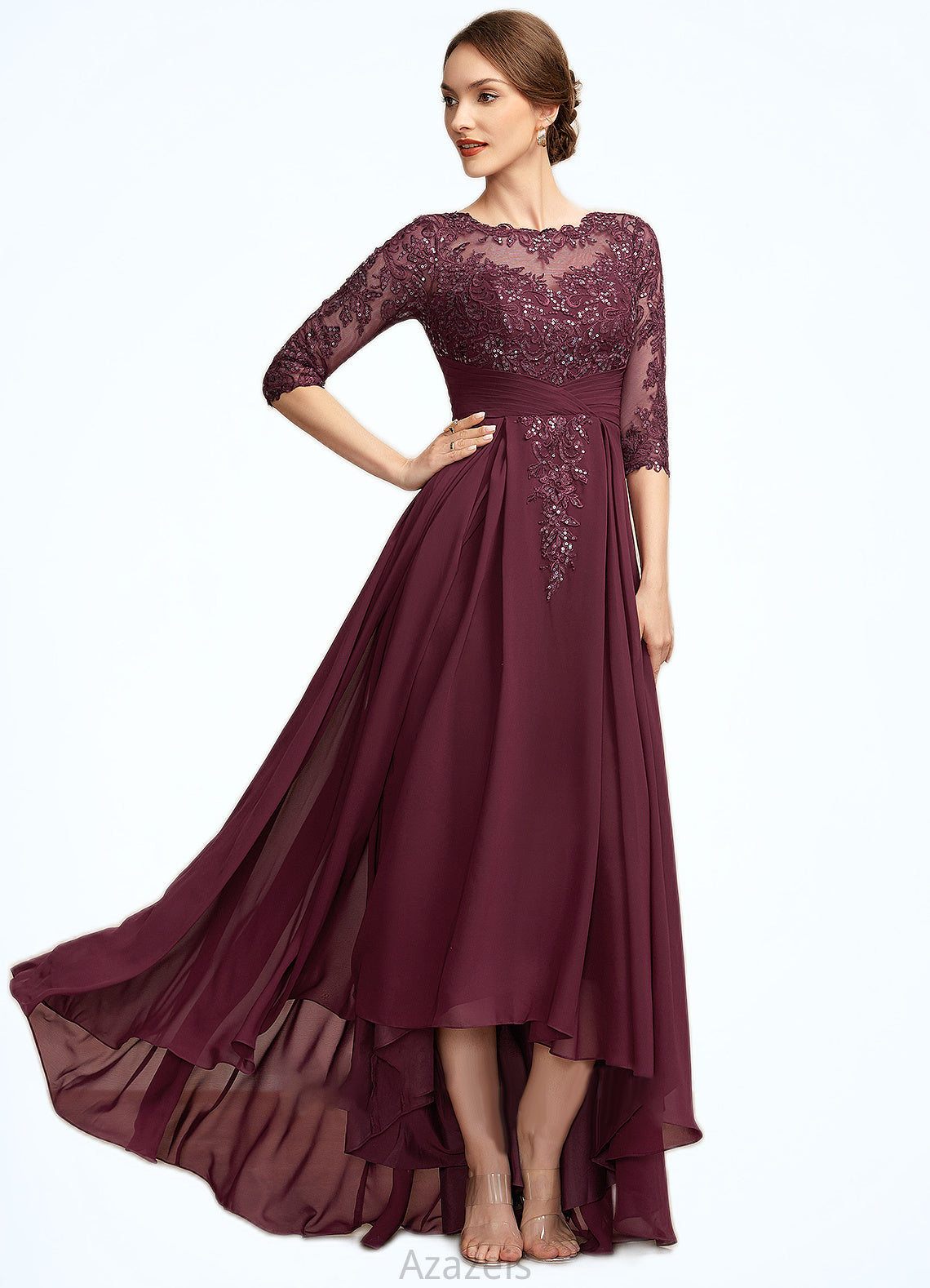 Neveah A-Line Scoop Neck Asymmetrical Chiffon Lace Mother of the Bride Dress With Ruffle Sequins DF126P0014765