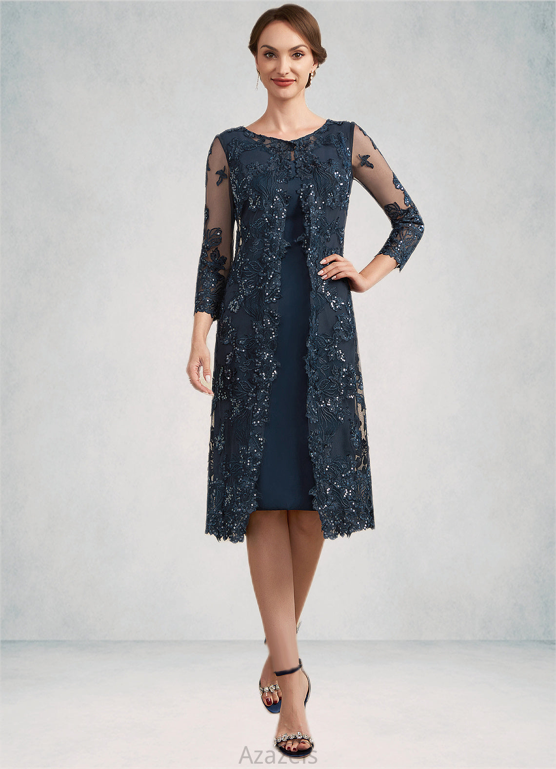 Skylar Sheath/Column Scoop Neck Knee-Length Chiffon Lace Mother of the Bride Dress With Sequins DF126P0014771