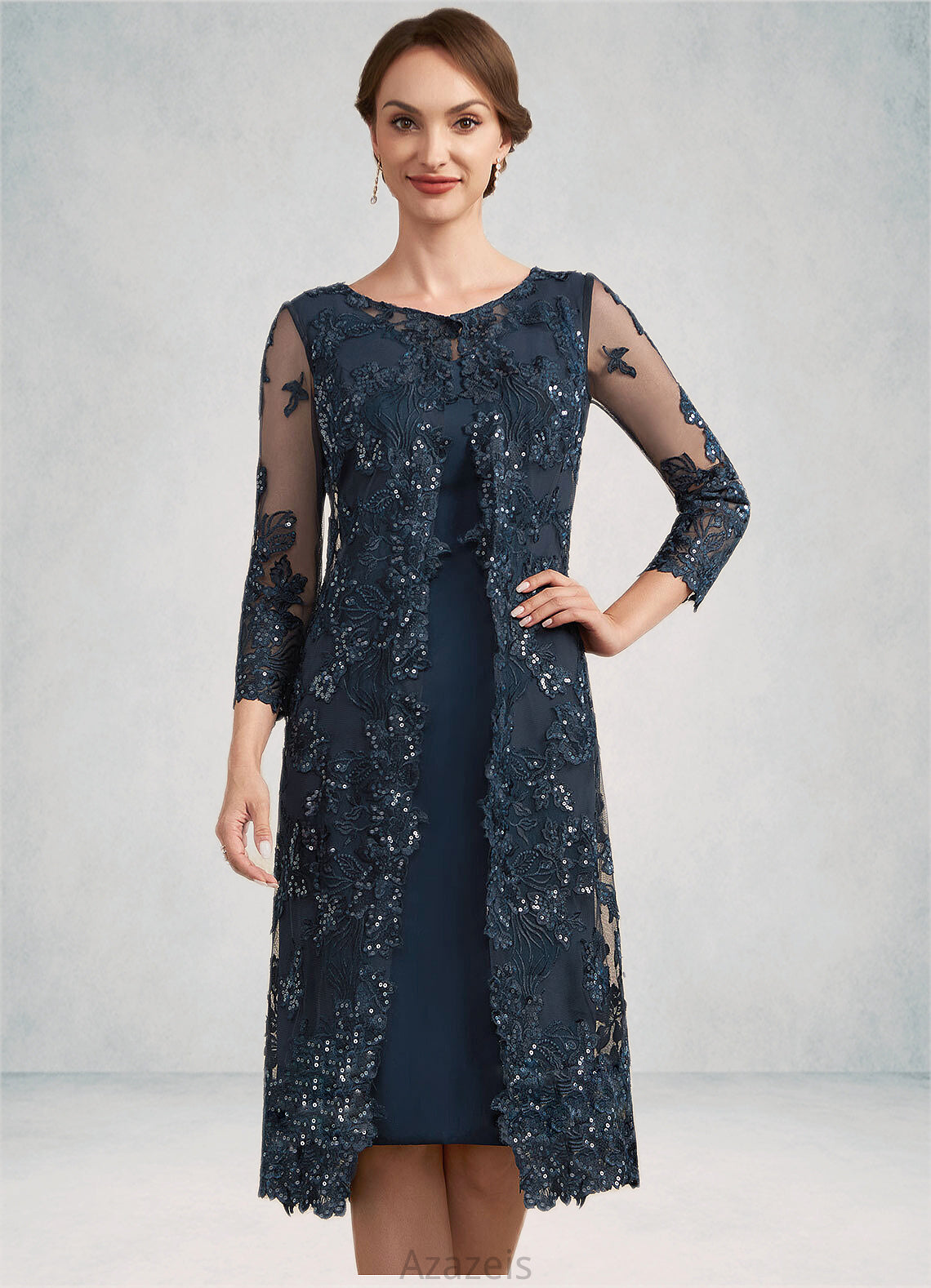 Skylar Sheath/Column Scoop Neck Knee-Length Chiffon Lace Mother of the Bride Dress With Sequins DF126P0014771