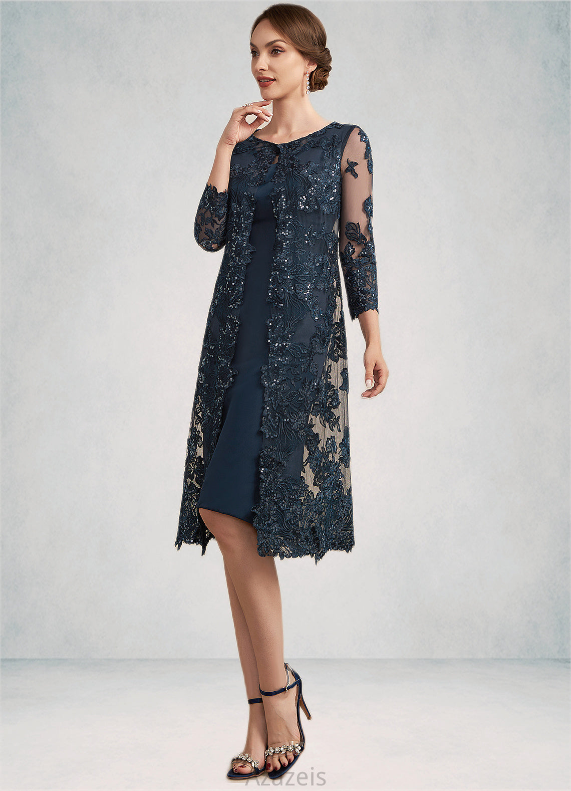 Skylar Sheath/Column Scoop Neck Knee-Length Chiffon Lace Mother of the Bride Dress With Sequins DF126P0014771