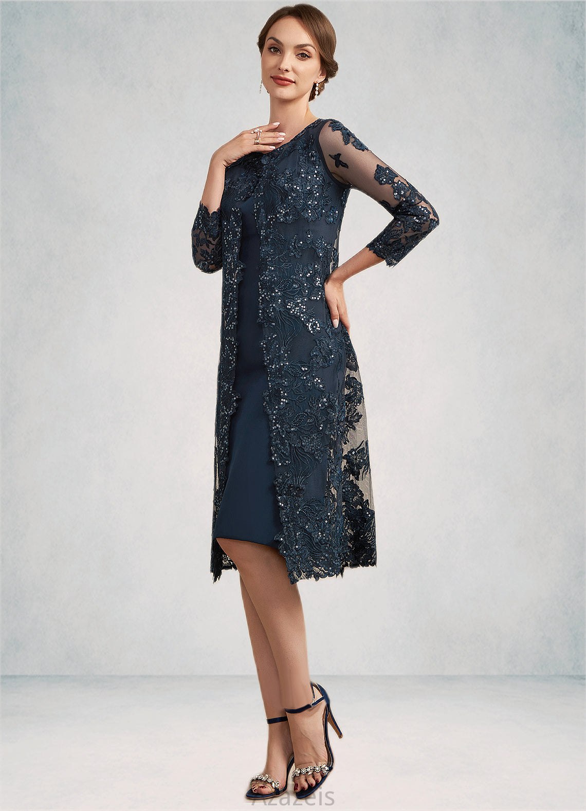 Skylar Sheath/Column Scoop Neck Knee-Length Chiffon Lace Mother of the Bride Dress With Sequins DF126P0014771