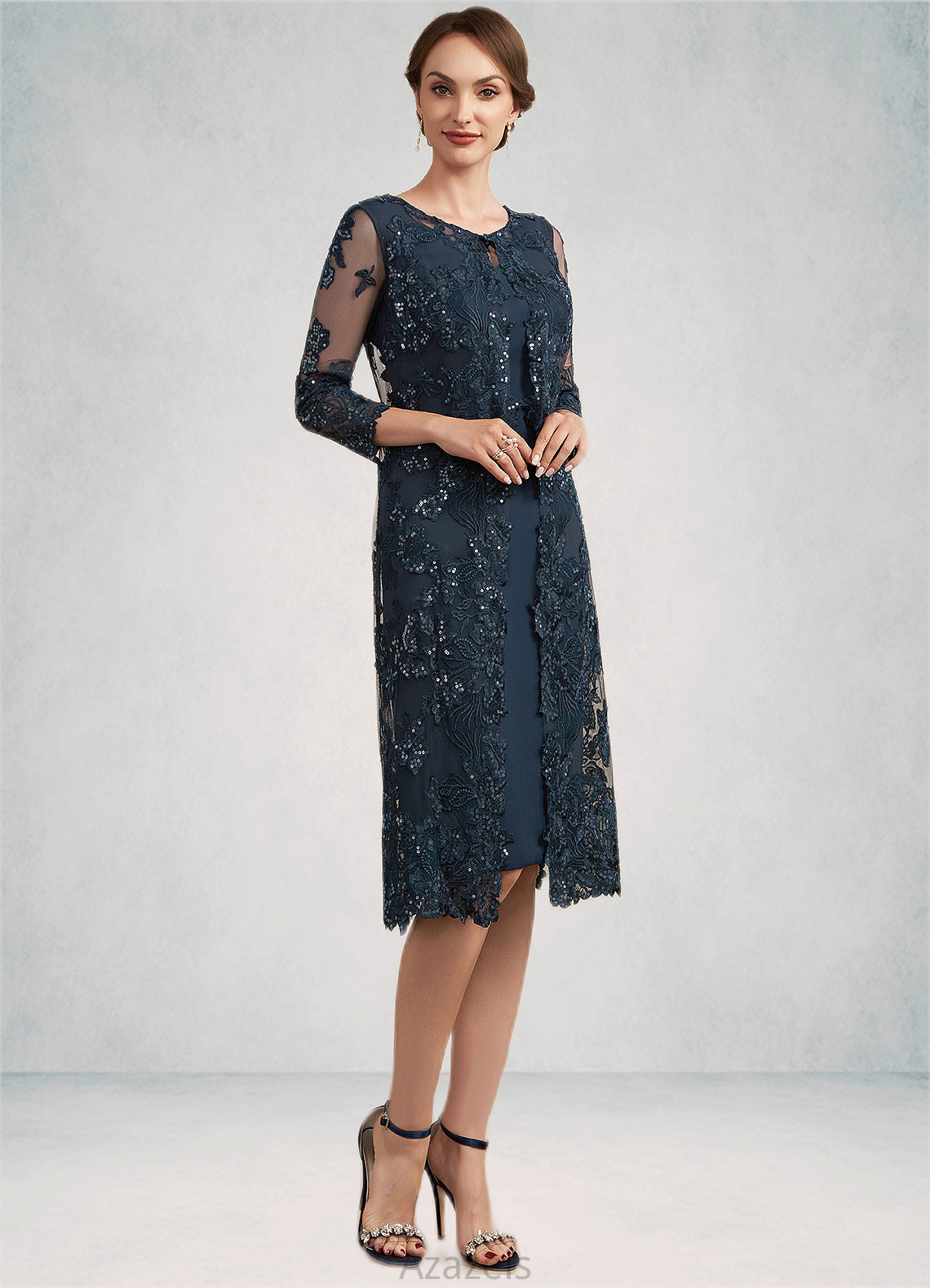 Skylar Sheath/Column Scoop Neck Knee-Length Chiffon Lace Mother of the Bride Dress With Sequins DF126P0014771