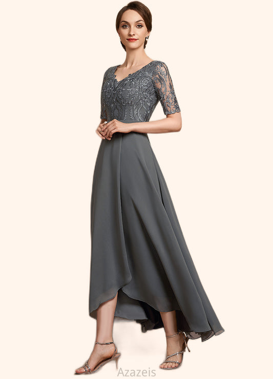 Presley A-Line V-neck Asymmetrical Chiffon Lace Mother of the Bride Dress DF126P0014772