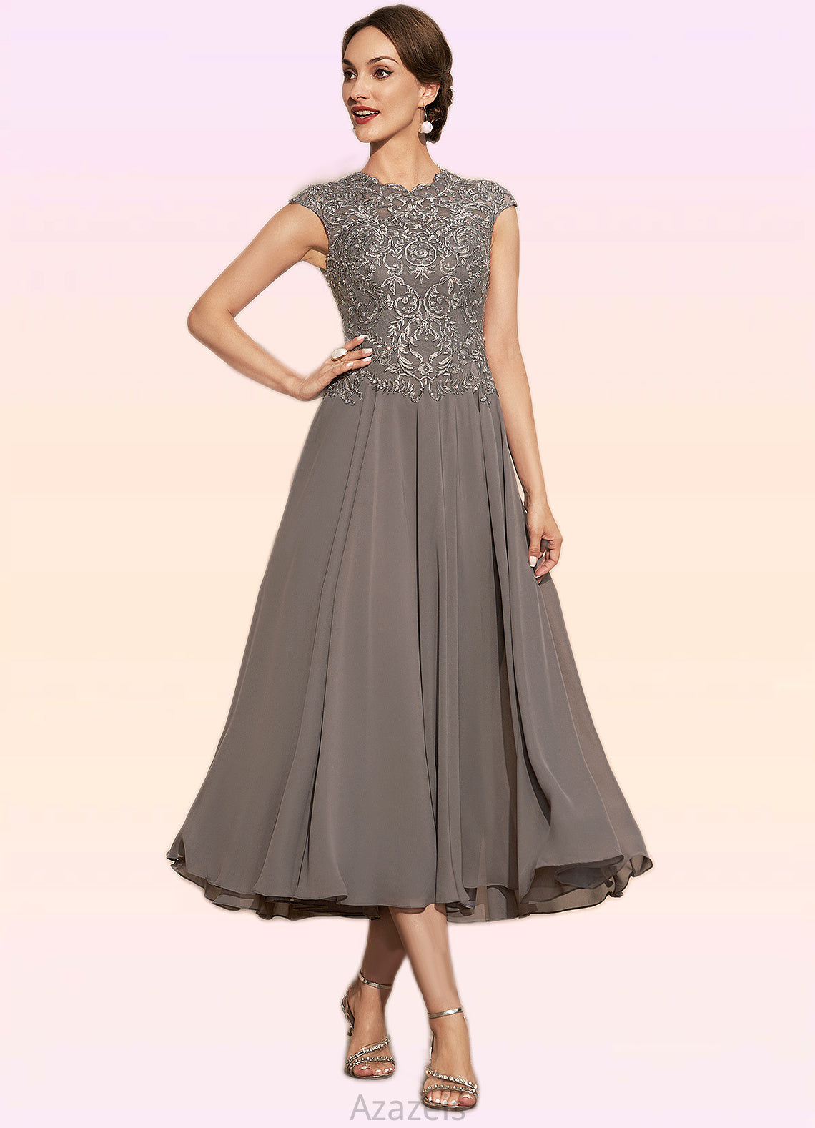 Zara A-Line Scoop Neck Tea-Length Chiffon Lace Mother of the Bride Dress With Beading DF126P0014774