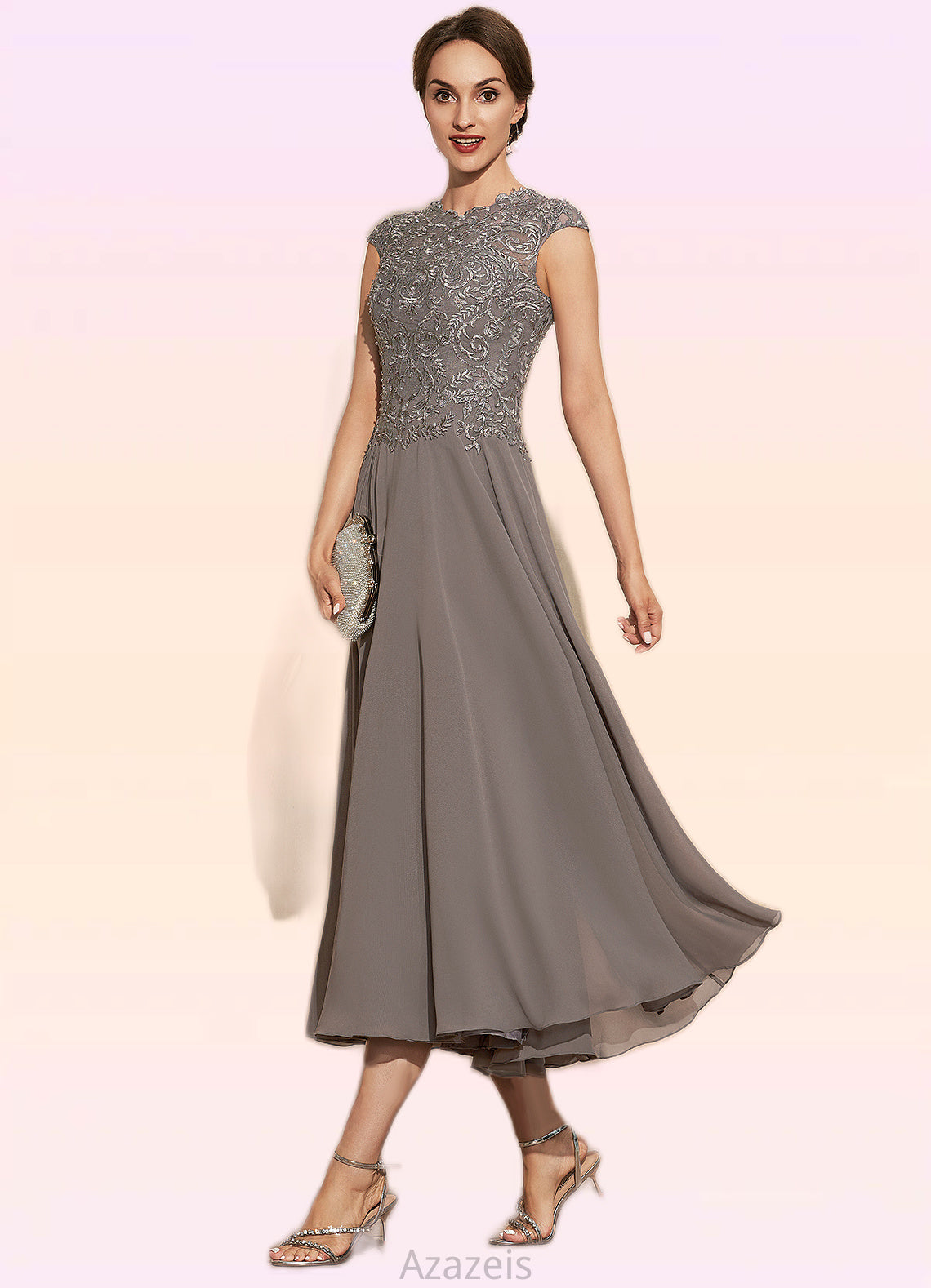 Zara A-Line Scoop Neck Tea-Length Chiffon Lace Mother of the Bride Dress With Beading DF126P0014774