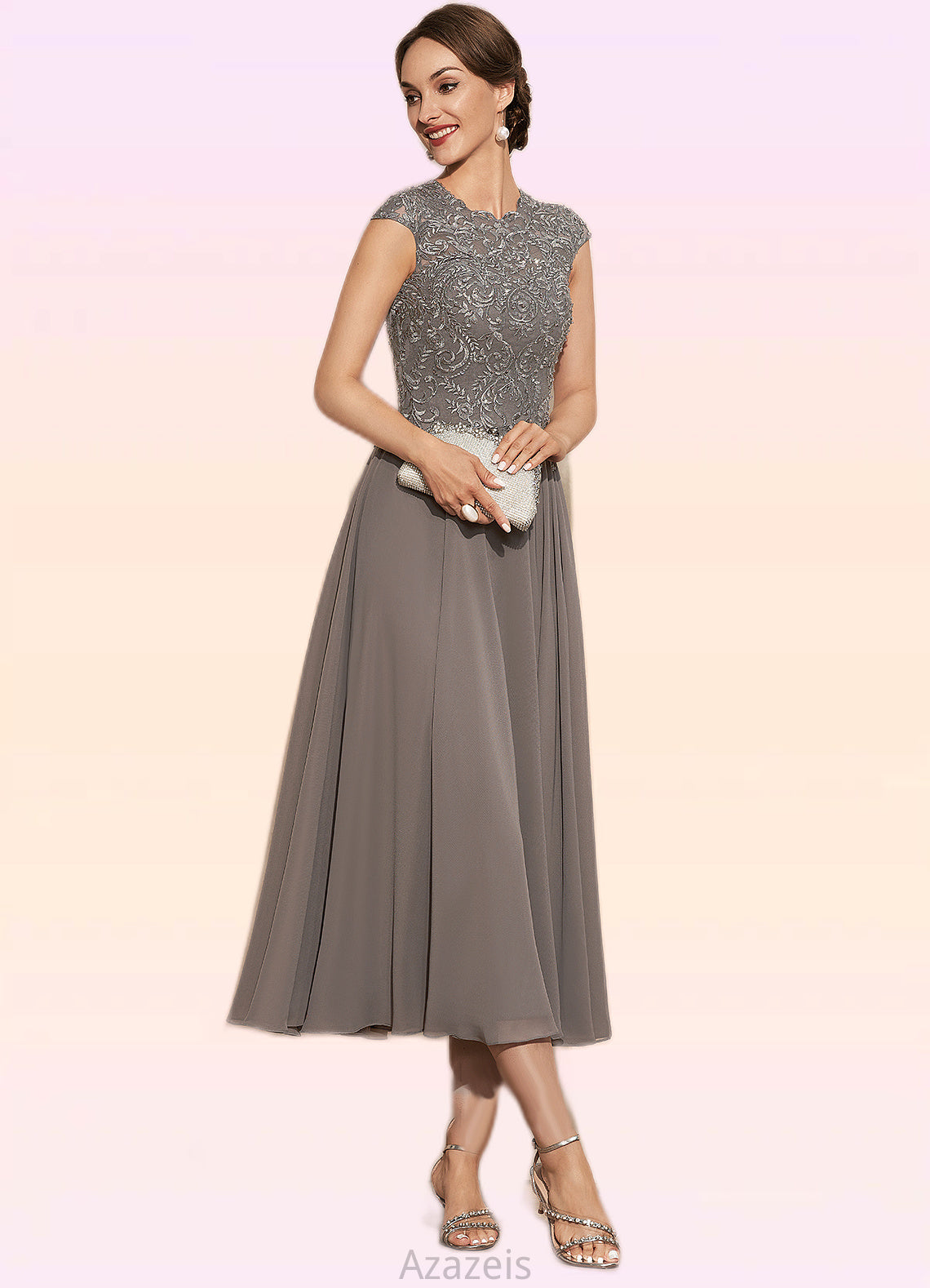 Zara A-Line Scoop Neck Tea-Length Chiffon Lace Mother of the Bride Dress With Beading DF126P0014774