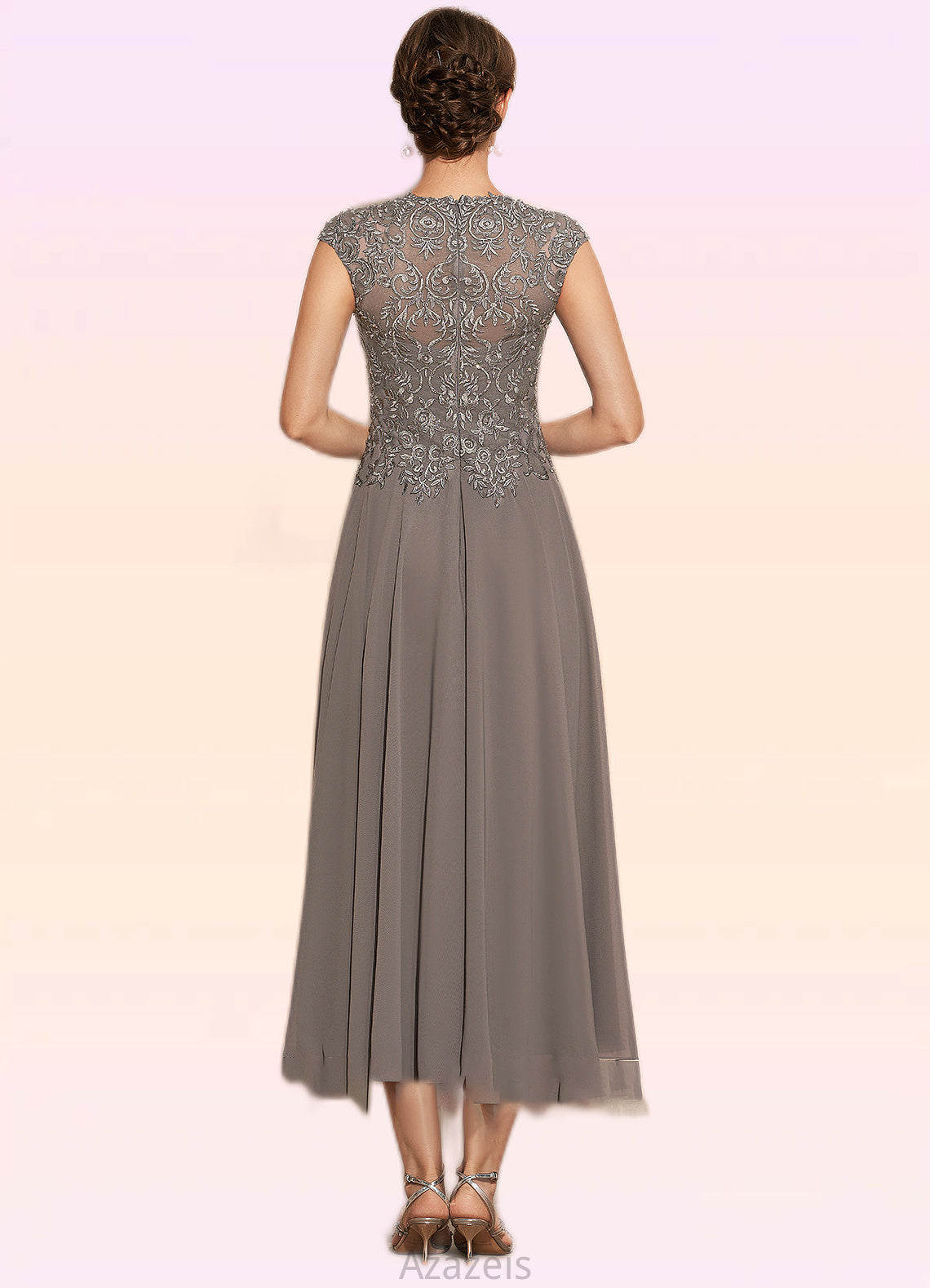 Zara A-Line Scoop Neck Tea-Length Chiffon Lace Mother of the Bride Dress With Beading DF126P0014774