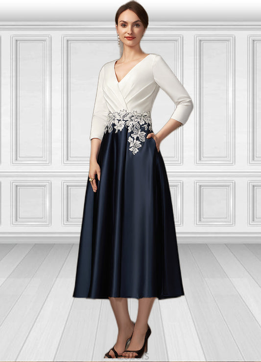 Luna A-Line V-neck Tea-Length Satin Mother of the Bride Dress With Ruffle Appliques Lace Pockets DF126P0014778