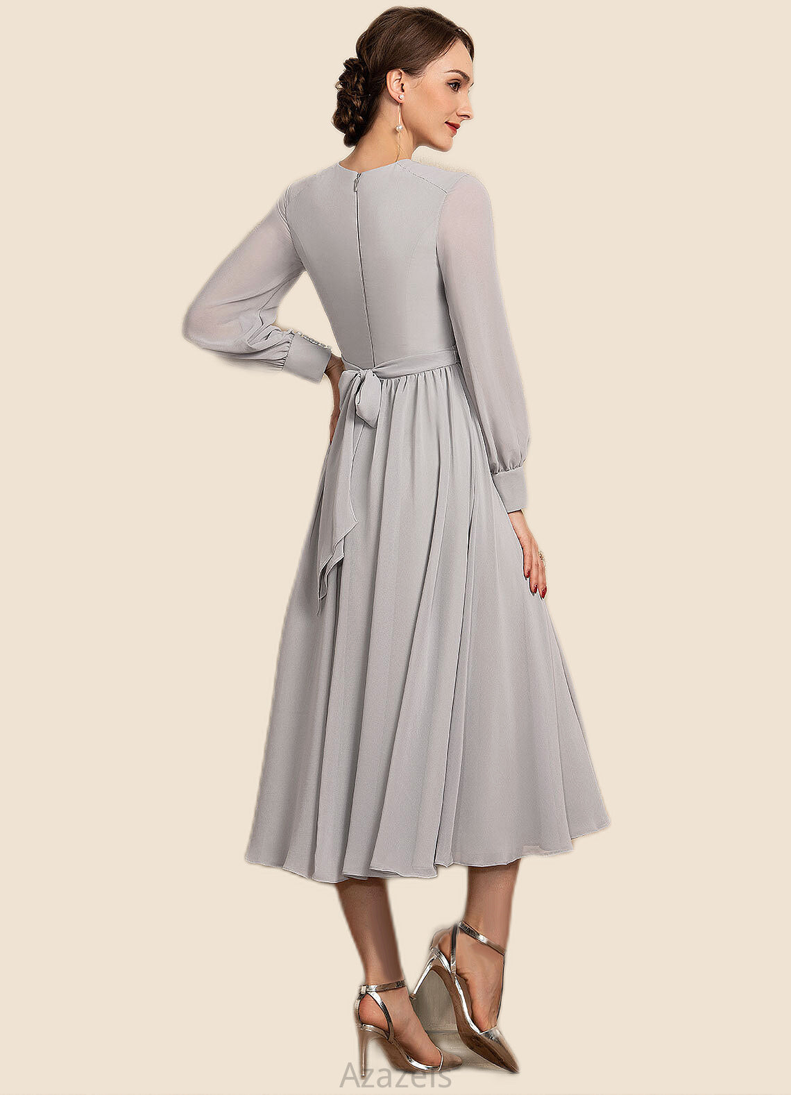 Willow A-Line Scoop Neck Tea-Length Chiffon Mother of the Bride Dress With Bow(s) DF126P0014779