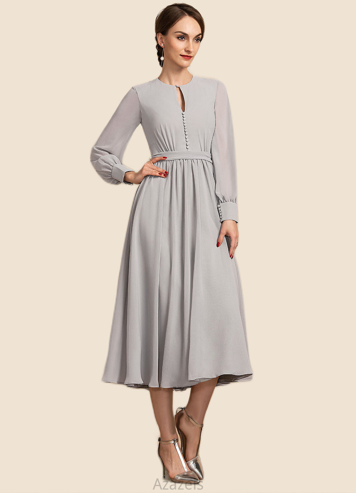 Willow A-Line Scoop Neck Tea-Length Chiffon Mother of the Bride Dress With Bow(s) DF126P0014779