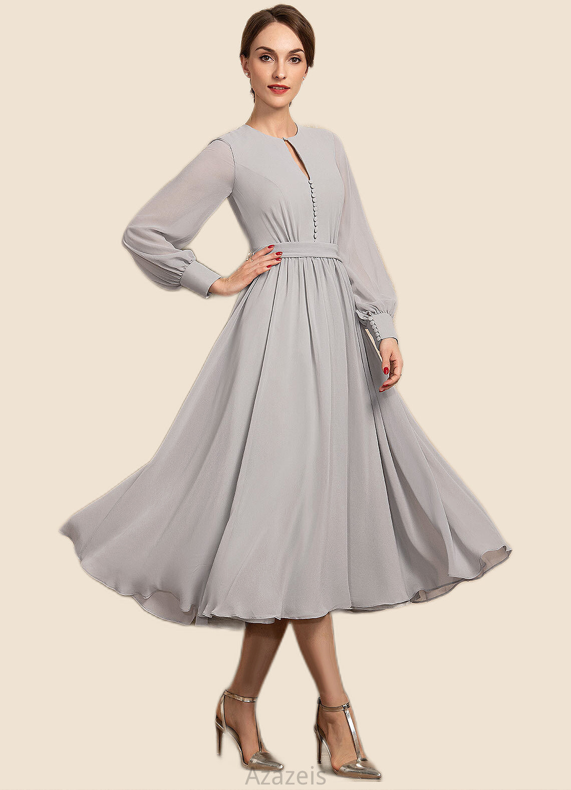 Willow A-Line Scoop Neck Tea-Length Chiffon Mother of the Bride Dress With Bow(s) DF126P0014779