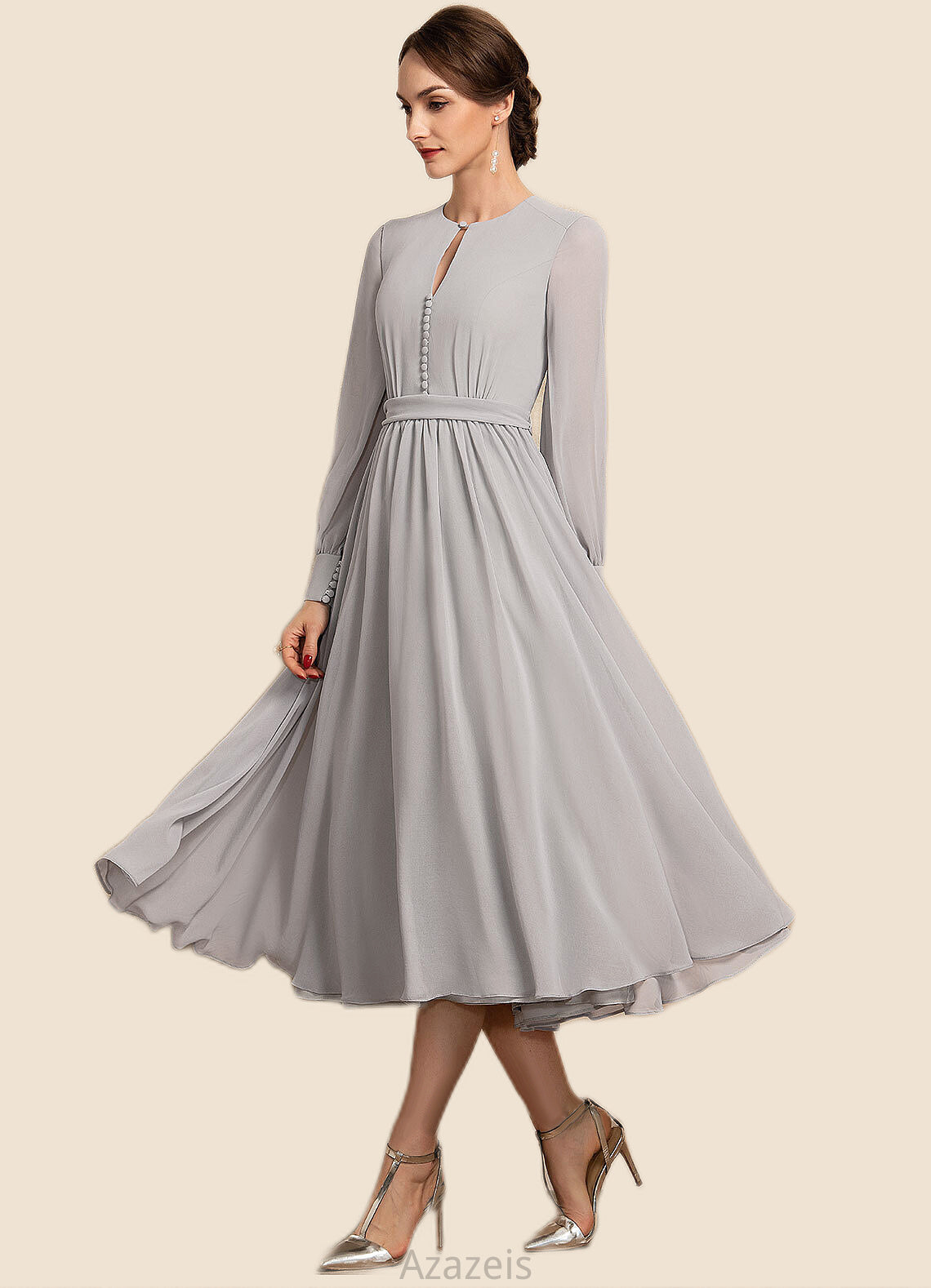 Willow A-Line Scoop Neck Tea-Length Chiffon Mother of the Bride Dress With Bow(s) DF126P0014779