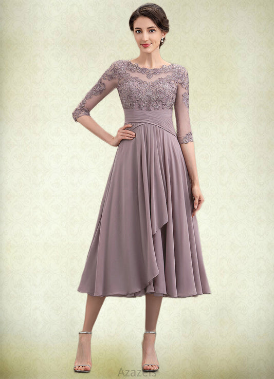 Alyson A-Line Scoop Neck Tea-Length Chiffon Lace Mother of the Bride Dress With Cascading Ruffles DF126P0014780