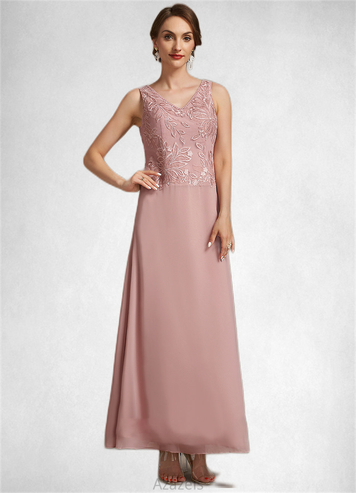 Lizeth A-Line V-neck Ankle-Length Chiffon Lace Mother of the Bride Dress With Beading Sequins DF126P0014784