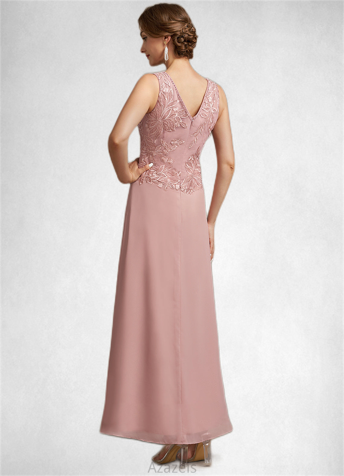 Lizeth A-Line V-neck Ankle-Length Chiffon Lace Mother of the Bride Dress With Beading Sequins DF126P0014784