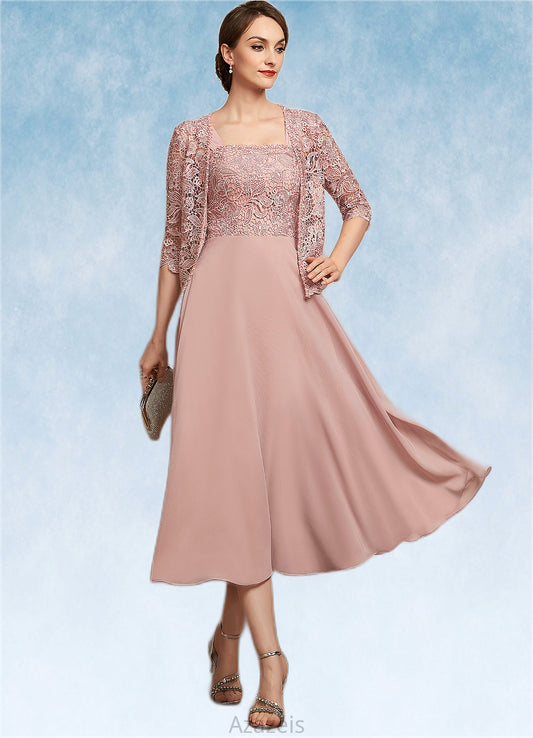 Caroline A-Line Square Neckline Tea-Length Chiffon Lace Mother of the Bride Dress With Beading Sequins DF126P0014789