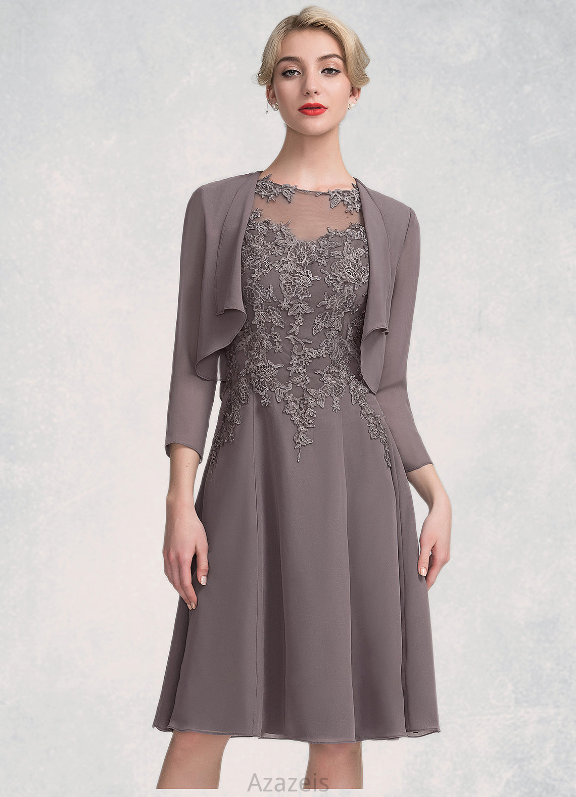 Luna A-Line Scoop Neck Knee-Length Chiffon Lace Mother of the Bride Dress DF126P0014790