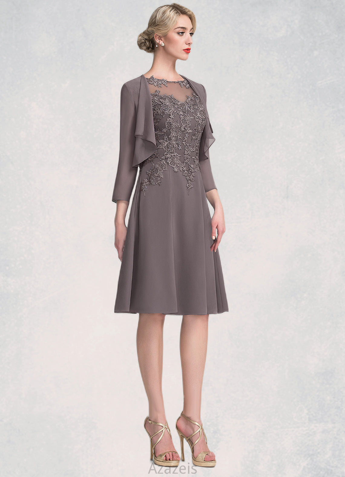 Luna A-Line Scoop Neck Knee-Length Chiffon Lace Mother of the Bride Dress DF126P0014790